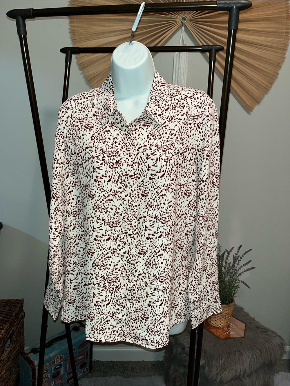 Express Cream Button-Down Shirt with Burgundy Speckle Print
